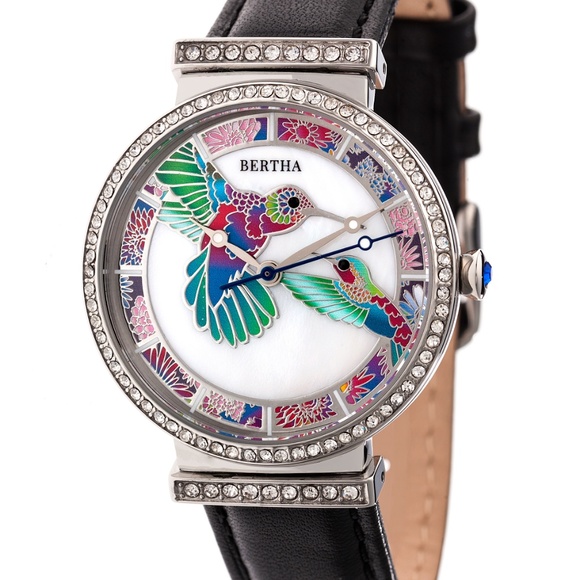 Black Leather Band Watch with Mother of Pearl Dial
